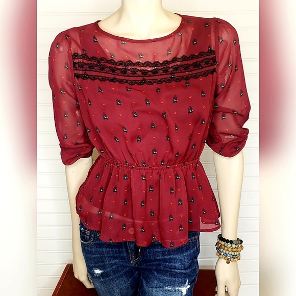 Lily Rose Sheer Peplum Top SZ S - Picture 1 of 4